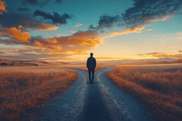 Fototapeta premium A person standing at crossroads, contemplating choices ahead as sun sets, casting warm glow over landscape. scene evokes sense of reflection and decision making