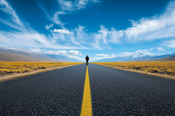 A person standing at start of long road, surrounded by vast landscapes and mountains under bright...