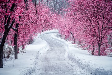 Obraz premium A snow-covered path winds through trees adorned with pink blossoms, creating a striking contrast on a cold winter day..