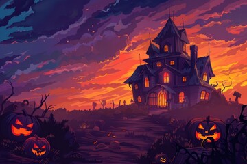 Halloween Haunted Mansion Surrounded by Jack-O'-Lanterns..