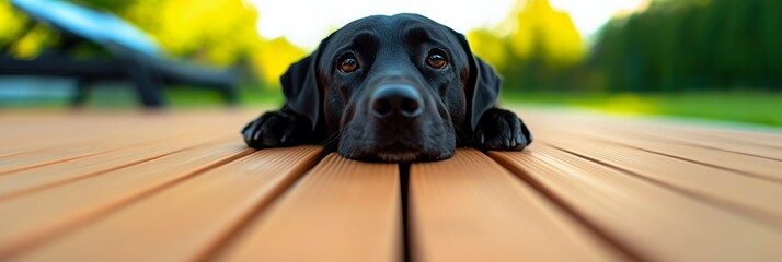 A black Labrador dog with soulful eyes rests its head on a wooden deck, conveying a sense of tranquility, companionship, and the bond between humans and animals. - Powered by Adobe