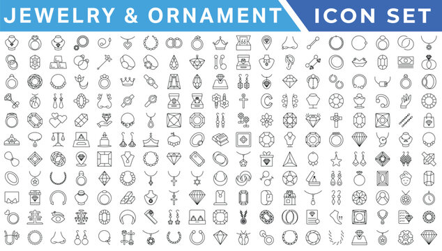 Jewelry line icon set. Included icons as gems, gemstones, jewel, accessories, ring and more.