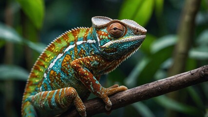 Hyperrealistisches Cham&auml;leonfoto: Makroaufnahme eines farbenpr&auml;chtigen Cham&auml;leons in seiner nat&uuml;rlichen Umgebung