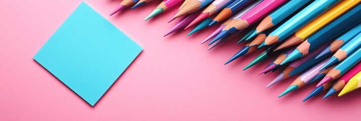 Fototapeta premium A bright blue sticky note sits next to a colorful array of pencils, symbolizing the excitement and creativity of a new school year.
