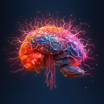 Abstract bright colored brain with veins on dark background levitating in air. Red, orange, pink, purple, blue, yellow colors. Future medicine concept