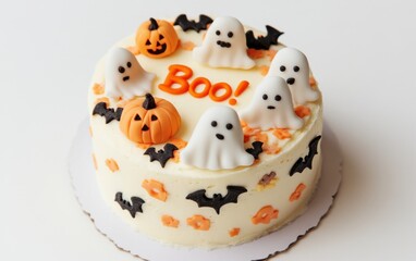 Cute Halloween-themed round cake decorated with pastel ghosts, tiny pumpkins, and cheerful bats for a festive celebration