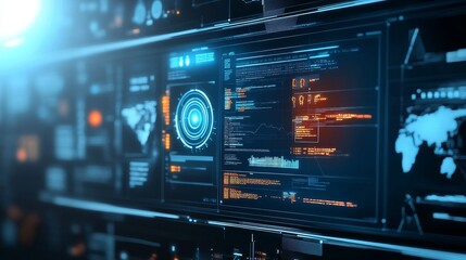 Obraz premium A close-up of a futuristic digital interface displaying data, code, and a world map, symbolizing global connectivity, technology, innovation, analysis, and progress.