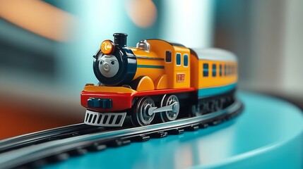 Obraz premium A colorful toy train locomotive on a track, symbolizing childhood, imagination, adventure, playtime, and nostalgia.