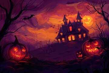Scary Halloween Path with Jack-O'-Lanterns and Full Moon..