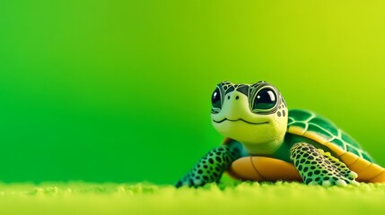 Fototapeta premium A cute, cartoon-style green turtle with large eyes and a friendly smile, sitting on a green background. It symbolizes childhood innocence, slow pace of life, and gentle nature.