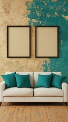 A modern living room featuring a white sofa with teal pillows set against a beige stucco wall, complemented by two minimalist frames for a clean interior design..