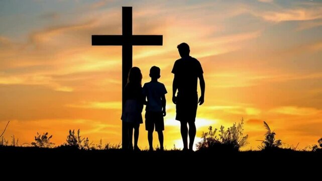silhouette of a family with cross