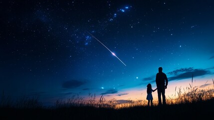 Fototapeta premium A father and daughter stand silhouetted against a breathtaking night sky, filled with stars and a shooting star, symbolizing dreams, family, wonder, connection, and hope.