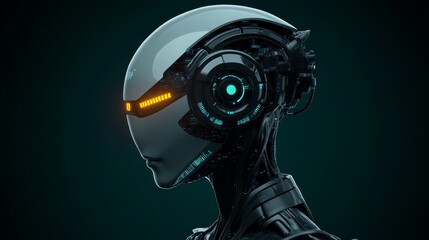 A futuristic humanoid robot with glowing eyes, showcasing the intersection of technology and human form.  Symbolising artificial intelligence, robotics, future technology, innovation, and human evolut