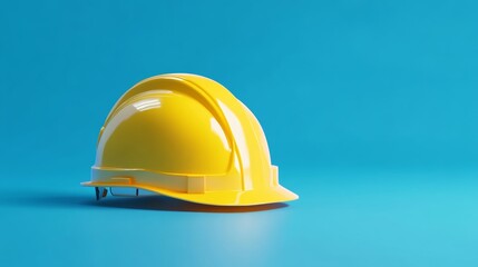 Fototapeta premium Yellow construction helmet on blue background, safety equipment concept