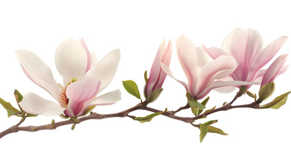 Beautiful pink spring magnolia flowers on a tree branch isolated on white