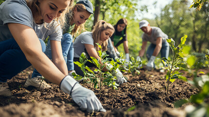 Volunteers planting trees in community garden, showcasing teamwork and dedication to environmental conservation. Their smiles reflect joy of giving back to nature