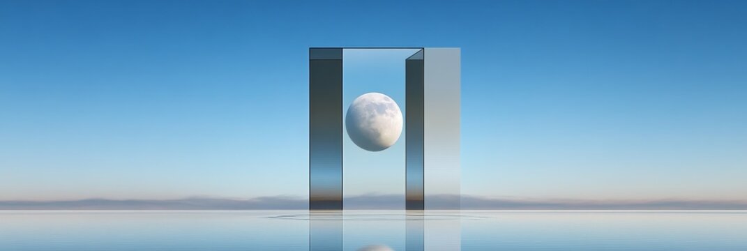 A minimalist geometric landscape featuring a glass structure with a sphere resembling a moon or planet, representing concepts like abstract art, modern design, futuristic architecture, space explorati