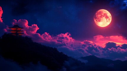 A serene pagoda silhouetted against a majestic mountain range, bathed in the warm glow of a crimson full moon, representing tranquility, mystery, and the beauty of nature.