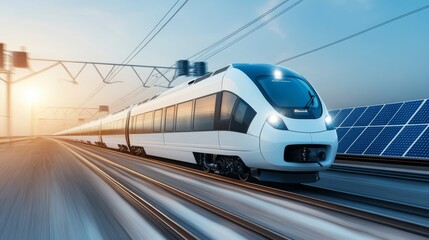Fototapeta premium A sleek, modern high-speed train powered by renewable energy sources travels at speed on a track beside solar panels, symbolizing sustainable transportation, innovation, efficiency, and a bright futur