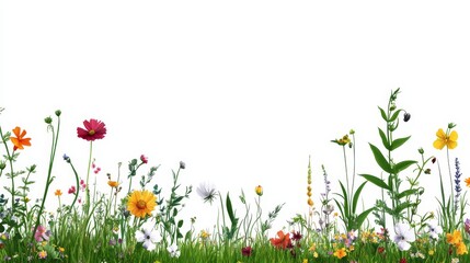 A vibrant border of colorful wildflowers in a meadow, featuring daisies, poppies, and other blooms, symbolizing nature, growth, beauty, and life.