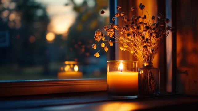 A warm and inviting scene of a lit candle in a glass jar on a windowsill, accompanied by a vase of dried flowers, creating a cozy and romantic ambiance.