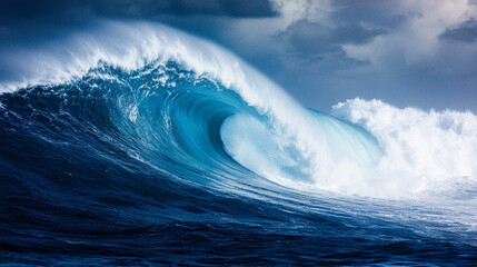 powerful ocean wave crashes against the rocky shore, capturing nature's raw strength and energy. The dramatic movement symbolizes resilience, change, and the unstoppable force of nature