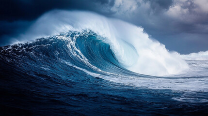powerful ocean wave crashes against the rocky shore, capturing nature's raw strength and energy. The dramatic movement symbolizes resilience, change, and the unstoppable force of nature