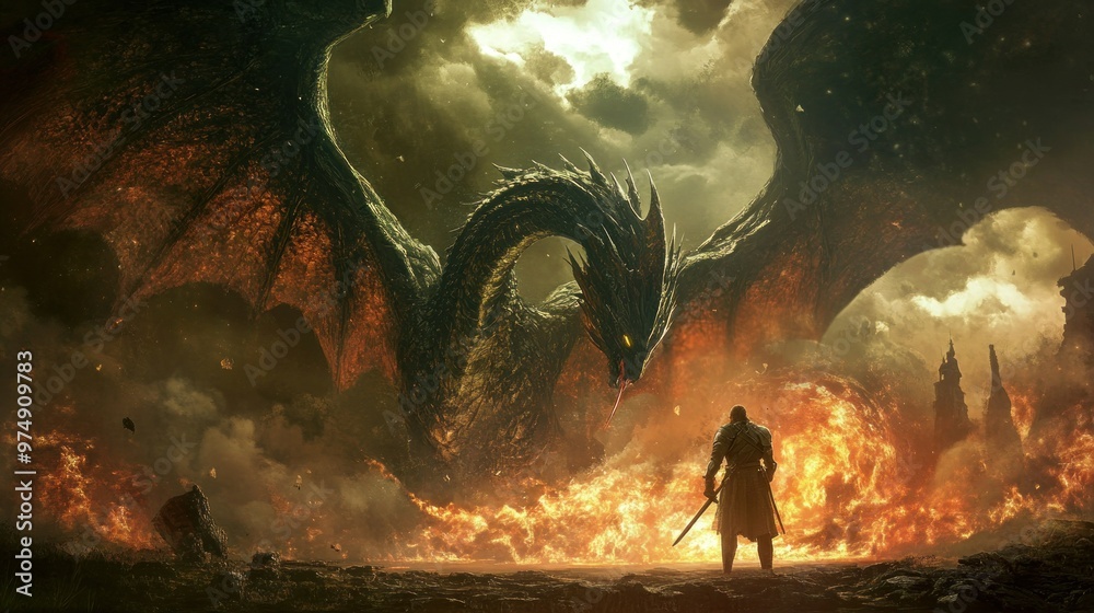 Canvas Prints A lone knight stands defiant against a fiery dragon in a desolate landscape.