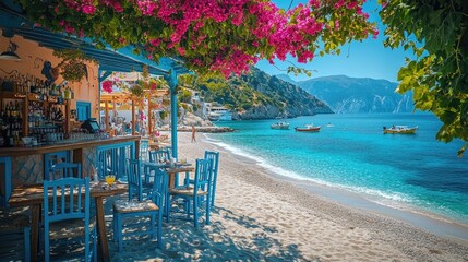 Turquoise sea water and boats on a sunny day at a greek beach with a cozy restaurant