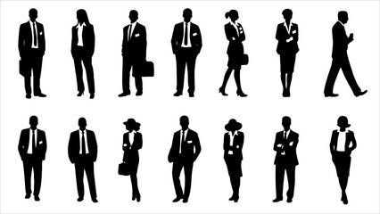 Vector style Silhouettes of diverse casual business people standing, walking, men, women full length. Business concept. Black monochrome Vector illustrations isolated on white background