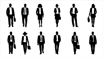 Vector style Silhouettes of diverse casual business people standing, walking, men, women full length. Business concept. Black monochrome Vector illustrations isolated on white background