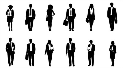 Vector style Silhouettes of diverse casual business people standing, walking, men, women full length. Business concept. Black monochrome Vector illustrations isolated on white background