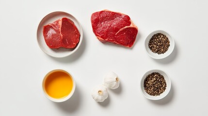Fototapeta premium Steak Bites Ingredients: Fresh beef, garlic, peppercorns, and oil are laid out on a white background. The simple ingredients create a delicious and flavorful meal.