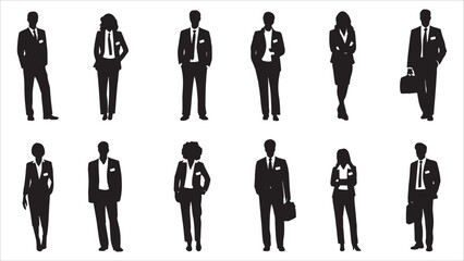 Vector style Silhouettes of diverse casual business people standing, walking, men, women full length. Business concept. Black monochrome Vector illustrations isolated on white background