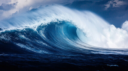 powerful ocean wave crashes against the rocky shore, capturing nature's raw strength and energy. The dramatic movement symbolizes resilience, change, and the unstoppable force of nature