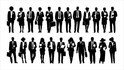 Vector style Silhouettes of diverse casual business people standing, walking, men, women full length. Business concept. Black monochrome Vector illustrations isolated on white background