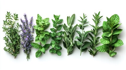 Obraz premium Freshly picked herbs of thyme, lavender, mint, sage and rosemary lying on white background