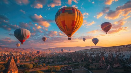Colorful hot air balloons floating over cappadocia at sunrise