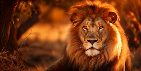Fototapeta premium Majestic lion gazing confidently in warm evening light among savannah trees