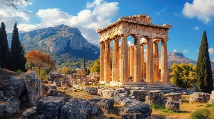 Temple of hephaestus standing tall in ancient agora, athens greece