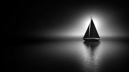 peaceful dark silhouette of a sailboat floats on tranquil waters under a soft glow, symbolizing calm, solitude, and introspection. The serene scene evokes feelings of journey, balance, and reflection