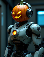 А futuristic humanoid robot with a Halloween pumpkin head, whose eyes and mouth glow with a mystical orange color.
