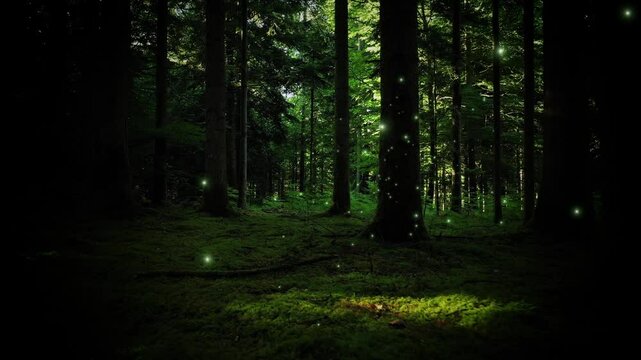 Dark green mossy forest with flying fireflies.