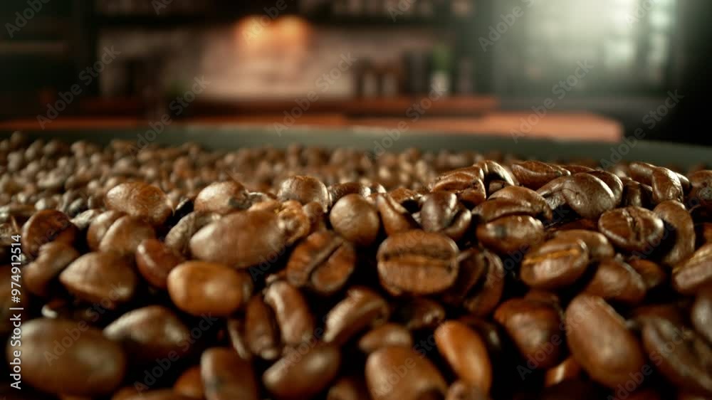 Aufkleber super slow motion of coffee beans rotating in roasting grinder. concept of roasting coffee beans wit