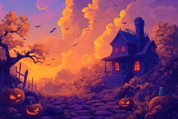 Halloween Scene with Glowing Pumpkins and Bats..