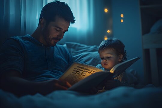 Father reading a bedtime story to his child in a cozy room at night