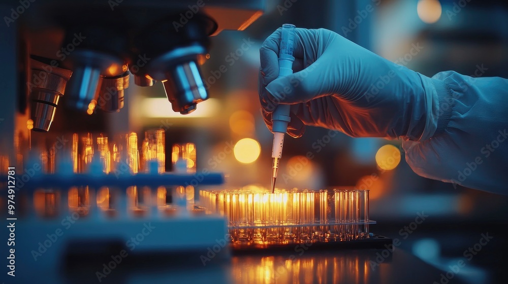 Poster scientist analyzing samples under microscope in laboratory at night