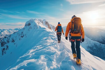 Two mountain climbers walking on a snowy mountain ridge at sunrise