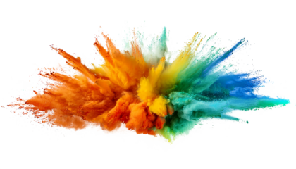 Orange, yellow, green and blue explosion smoke of holi paint color powder isolated on transparent or white background